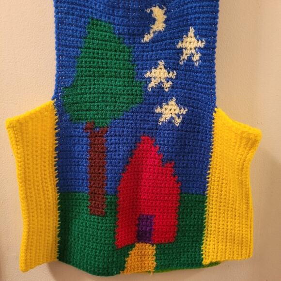 Vtg Hand Knit Tank Top Sky Day & Night Scene Front & Back Summer Hippie Smurfs - Picture 3 of 7